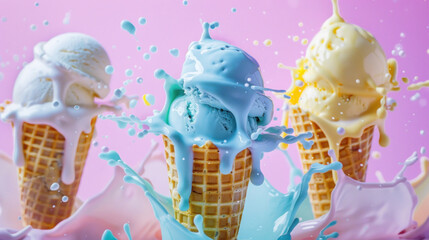 Ice cream in a blue and white cone resting on a wooden table, surrounded by colorful sprinkles and a drizzle of chocolate syrup.