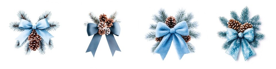 Pinecone and blue ribbon decorations for festive seasonal designs, white isolated background.