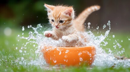 Wall Mural - A playful kitten splashes in a bowl of water on the grass.