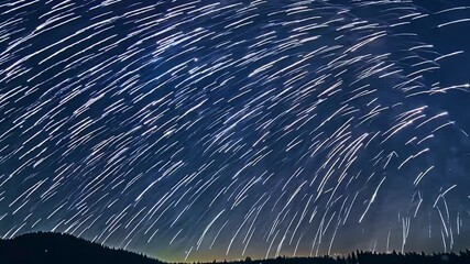 Long exposure photo of a night sky with many stars trails above dark silhouette of a forest.