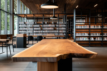 Sticker - Modern library interior with large wooden tables and shelves filled with books. The space is well-lit with natural light from large windows and illuminated by hanging lights.