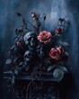 © AkuAku - Gothic floral composition featuring dark roses and creepy elements on a mysterious background