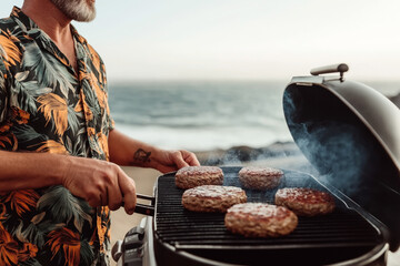 Wall Mural - A person grilling hamburger patties on a barbecue grill by the ocean. The person is wearing a tropical shirt and holding tongs, with smoke rising from the grill.