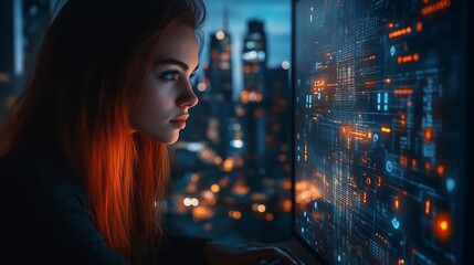 Wall Mural - Young woman working on a computer with a digital data screen in a dark room