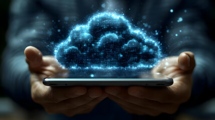 Poster - Hands holding a smartphone with a glowing cloud symbol above.