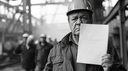 Senior worker in a hard hat holding a blank sheet of paper