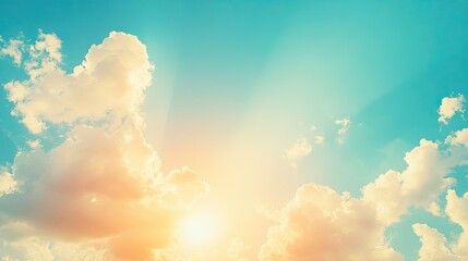 Wall Mural - bright white clouds scattered across a deep blue sky with rays of sunshine breaking through, creatin