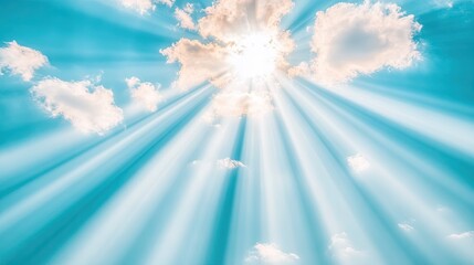 Wall Mural - bright white clouds scattered across a deep blue sky with rays of sunshine breaking through, creatin