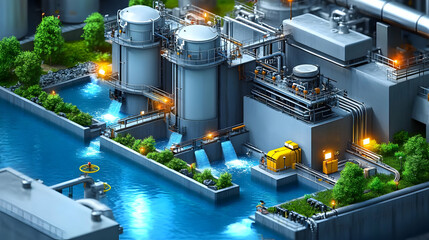 Poster - Industrial facility with water features and processing equipment.