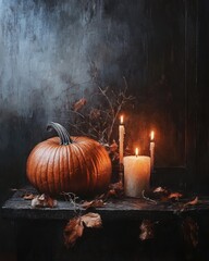 Wall Mural - pumpkins and candles composition in the dark