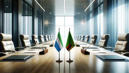 A modern conference room with Sierra Leone and Zambia flags on a long table, symbolizing a bilateral meeting or diplomatic discussions between the two nations.