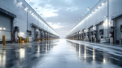 Wall Mural - Industrial warehouse with loading docks under overcast sky.