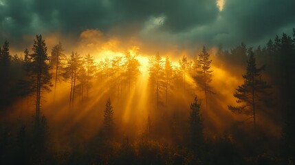 Poster - Golden rays of light pierce through the misty forest at sunset, creating a magical and ethereal atmosphere.