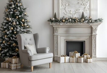 Wall Mural - the interior of a white room with a fireplace, Christmas trees with artificial snow and garlands, a sofa, a plaid with pillows, lanterns, white boxes with New Year's gifts, a fir wreath