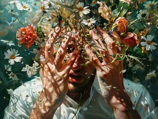 Poster - Surreal Portrait with Floral Elements: A Dreamlike Expression of Emotion