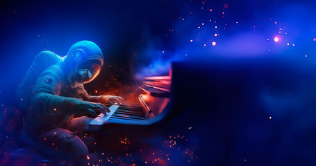 Wall Mural - Astronaut playing piano in space. Horizontal banner