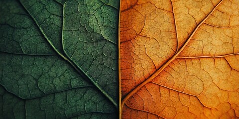 leaf veins, centrally divided into two equal halves, half green and half orange