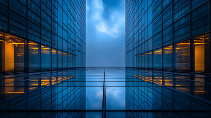 Poster - Modern architecture reflecting blue skies and urban design.