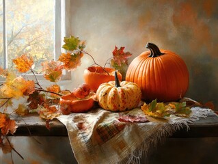 Canvas Print - Autumn still life features pumpkins on the table