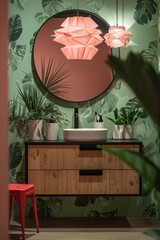 Stylish bathroom interior with pink pendant lights, lush green plant-themed walls, and modern wooden vanity