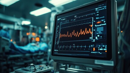 In the surgical suite, the ECG monitor display shows the patient's heart rate. This is because the surgeon intently focuses on the operation while the room is filled with precision instruments.