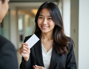 Poster - Asian girl with a business card in her hand