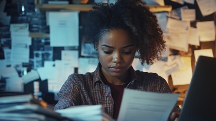 Canvas Print - Focused Woman Reading Documents in Busy Office Space