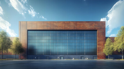 Canvas Print - Modern industrial building with large glass facade and brick exterior.