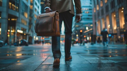 An image of a businessman walking in the city with a bag shows the skills needed for running a business including management, negotiation, marketing, and communication.