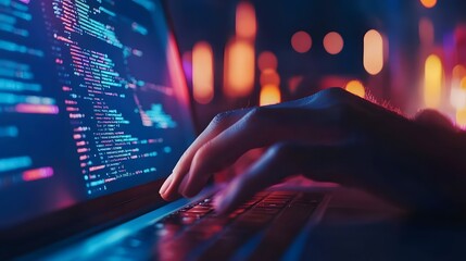
Hands typing on laptop with programming code on screen, representing software development. Perfect for coding, IT solutions, digital technology, web applications.