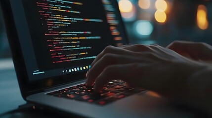 
Hands typing on laptop with programming code on screen, representing software development. Perfect for coding, IT solutions, digital technology, web applications.
