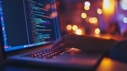
Hands typing on laptop with programming code on screen, representing software development. Perfect for coding, IT solutions, digital technology, web applications.