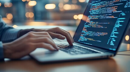 
Hands typing on laptop with programming code on screen, representing software development. Perfect for coding, IT solutions, digital technology, web applications.