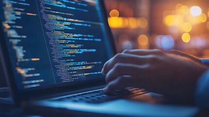 
Hands typing on laptop with programming code on screen, representing software development. Perfect for coding, IT solutions, digital technology, web applications.