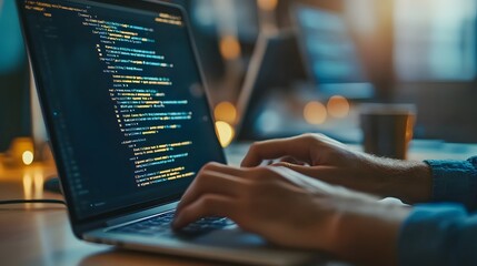 
Hands typing on laptop with programming code on screen, representing software development. Perfect for coding, IT solutions, digital technology, web applications.