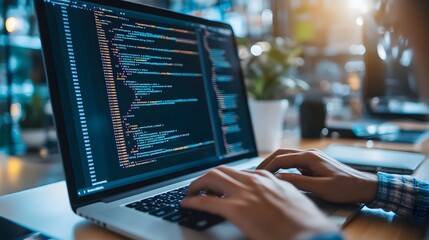 
Hands typing on laptop with programming code on screen, representing software development. Perfect for coding, IT solutions, digital technology, web applications.