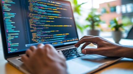 
Hands typing on laptop with programming code on screen, representing software development. Perfect for coding, IT solutions, digital technology, web applications.