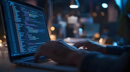
Hands typing on laptop with programming code on screen, representing software development. Perfect for coding, IT solutions, digital technology, web applications.