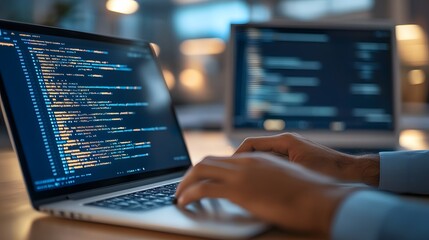
Hands typing on laptop with programming code on screen, representing software development. Perfect for coding, IT solutions, digital technology, web applications.