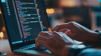 
Hands typing on laptop with programming code on screen, representing software development. Perfect for coding, IT solutions, digital technology, web applications.