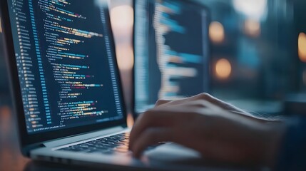 
Hands typing on laptop with programming code on screen, representing software development. Perfect for coding, IT solutions, digital technology, web applications.