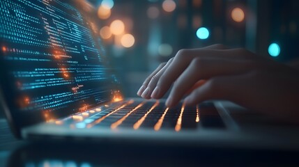 
Hands typing on laptop with programming code on screen, representing software development. Perfect for coding, IT solutions, digital technology, web applications.