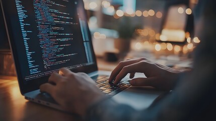 
Hands typing on laptop with programming code on screen, representing software development. Perfect for coding, IT solutions, digital technology, web applications.