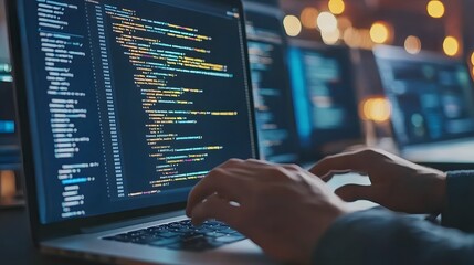 hands typing on laptop with programming code on screen, representing software development. perfect f