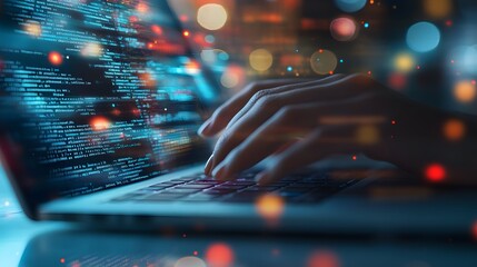 
Hands typing on laptop with programming code on screen, representing software development. Perfect for coding, IT solutions, digital technology, web applications.