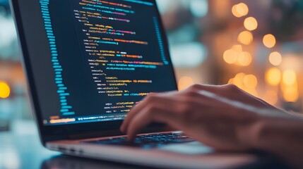 
Hands typing on laptop with programming code on screen, representing software development. Perfect for coding, IT solutions, digital technology, web applications.