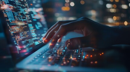 
Hands typing on laptop with programming code on screen, representing software development. Perfect for coding, IT solutions, digital technology, web applications.