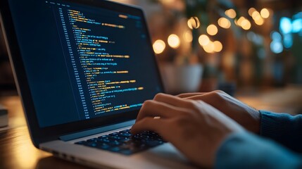 
Hands typing on laptop with programming code on screen, representing software development. Perfect for coding, IT solutions, digital technology, web applications.