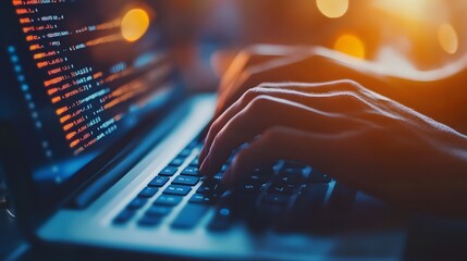 
Hands typing on laptop with programming code on screen, representing software development. Perfect for coding, IT solutions, digital technology, web applications.