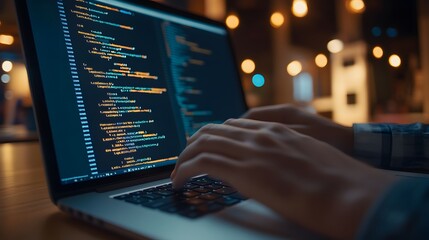 
Hands typing on laptop with programming code on screen, representing software development. Perfect for coding, IT solutions, digital technology, web applications.